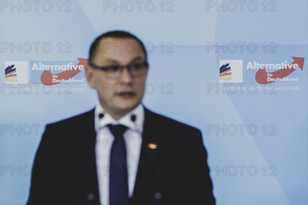 Tino Chrupalla, Federal Chairman of the AfD (Alternative for Germany), speaks to the media in front of the parliamentary group meeting in Berlin, 23 April 2024