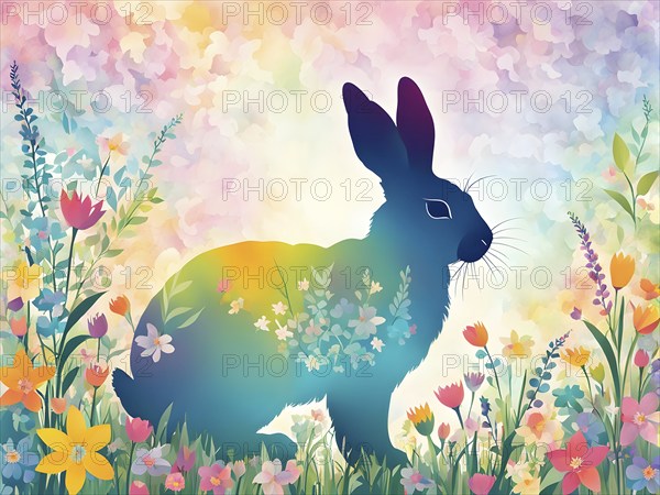 Abstract illustration of a bunny silhouette filled with a collage of spring flowers and vivid pastel colors, set against a soft background, AI generated