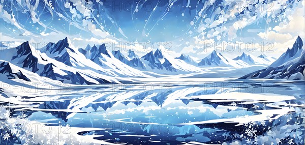 Abstract illustration of dreamy, icy landscape with swirling blues, whites, and silvers, evoking the feeling of a cold winter's breeze, AI generated