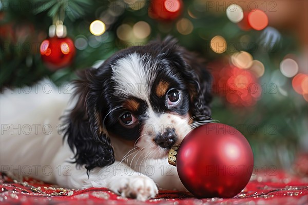 Tiny dog puppy playing with red Christmas tree bauble. Generative AI, AI generated