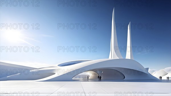 3d render of a futuristic white minimalist architecture with geometric shapes in surreal backdrop, AI generated