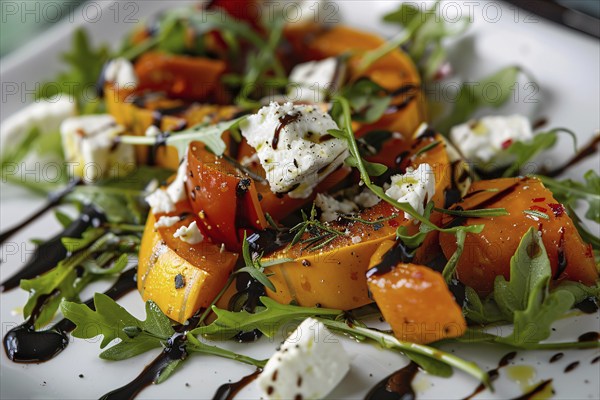 Close up of salad with baked pumpkin with rucola lettuce and feta cheese. Generative ai, AI generated