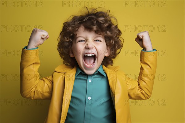 Young child in cheering pose in front of yellow studio background. KI generiert, generiert, AI generated