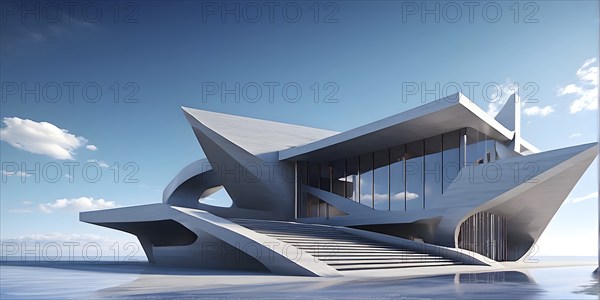 Minimalistic grey colored architecture in geometric adorned structures against a surreal backdrop, AI generated