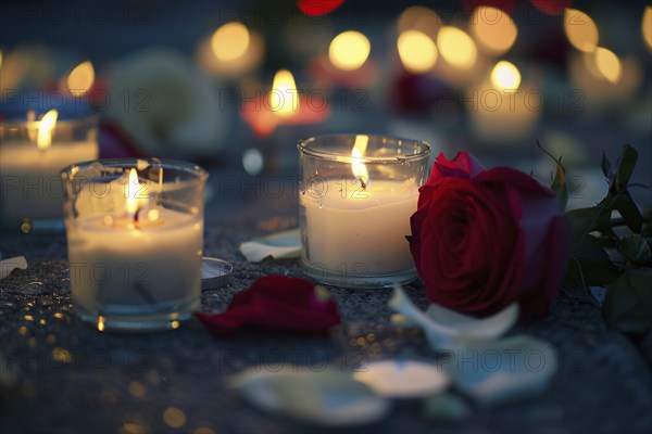 Memorial with candles and flowers in street. KI generiert, generiert, AI generated