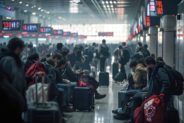 Airport gate with a crowd of waiting passengers, AI generated