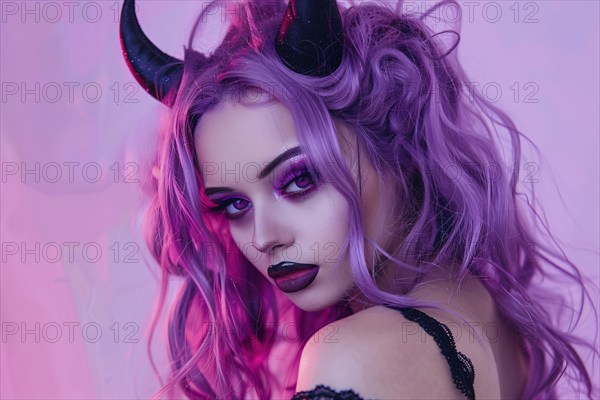 Young woman with Halloween costume devil horns and purple hair and makeup. Generative ai, AI generated