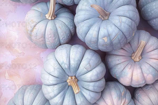 Banner with pastel pink and blue muscade pumpkins. Generative AI, AI generated