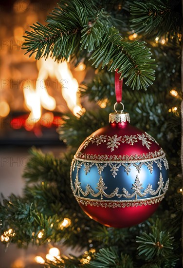 Christmas ornament hanging on a tree, with reflections of twinkling lights and fireplace flames flickering in the background, AI generated