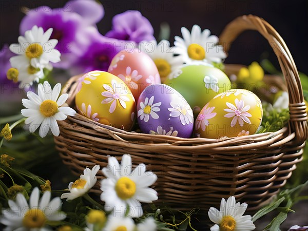 Vibrant-colored Easter eggs in a wicker basket, surrounded by delicate spring flowers, AI generated