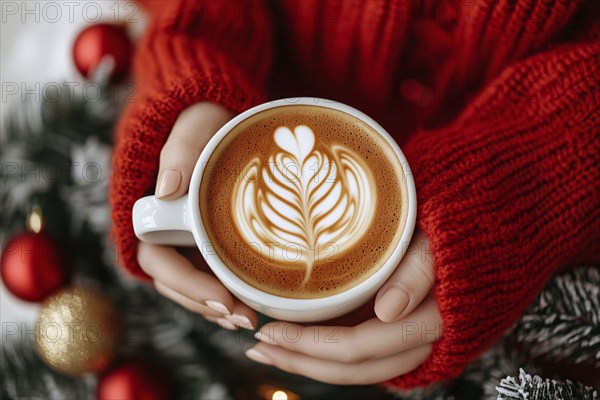 Woman hands holding coffee with latte art with blurry seasonal chiristmas decoration in background. Generative AI, AI generated