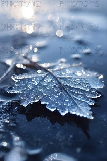 Delicate leaf resting on the surface of a frozen puddle, with intricate ice crystals forming beneath it, captured in soft, natural light, AI generated