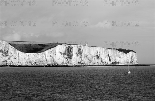 White Cliffs of Dover, detail with lighthouse seen from the car ferry, Dover, England, Great Britain