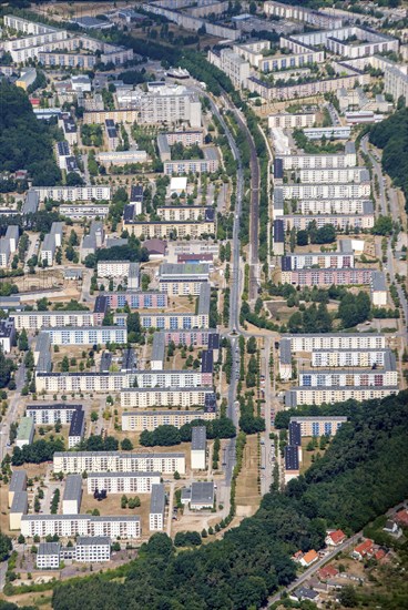 Mecklenburg-Western Pomerania, Schwerin, City, East, East Germany, New Federal States, Grosssiedlung, Großer Dreesch, Plattenbau, Platten, GDR, Housing, Refurbished, Refurbishment, Aerial view