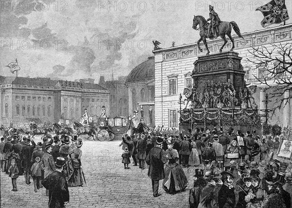 Departure of the court carriages after congratulating the Emperor on his 90th birthday, Wilhelm I, Wilhelm Friedrich Ludwig of Prussia, 22 March 1797, 9 March 1888, Historical, digital reproduction of an original from the 19th century