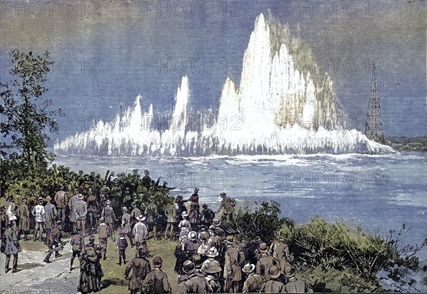 Blasting of Flood Rock, part of Hell Gate Rock, which prevented large ships from reaching New York Harbour and posed a danger to smaller ships. The explosive used was dynamite, Historic, digitally restored reproduction from a 19th century original, Record date not stated