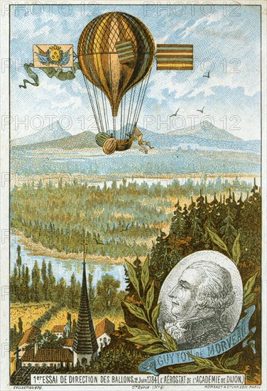 Guiton de Morveau (1737-1816), French chemist who made the first flight in a steerable balloon on 12 June 1784. Chromolithograph, ca. 1883. aviation, aeronautics, ballooning, flying