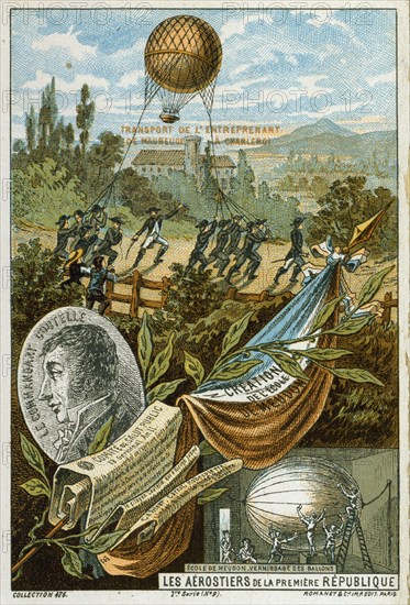 Jean-Marie Coutelle, appointed commander of the Aerostiers in 1794. Bottom right: Painting a balloon at the school for military ballooning in Meudon. In the background: Soldiers transport the inflated balloon LEntreprenant. French aviation