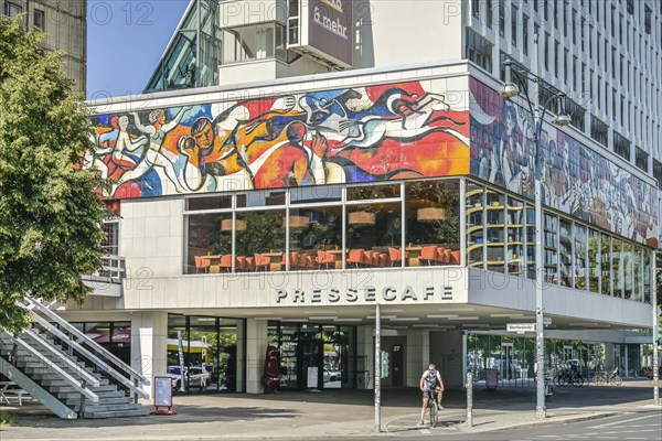 Press Café on Alexanderplatz, façade frieze, colourful enamel tiles, Die Presse as organiser by Layla Fetzer, Karl-Liebknecht-Straße, Mitte, Berlin, Germany, Europe