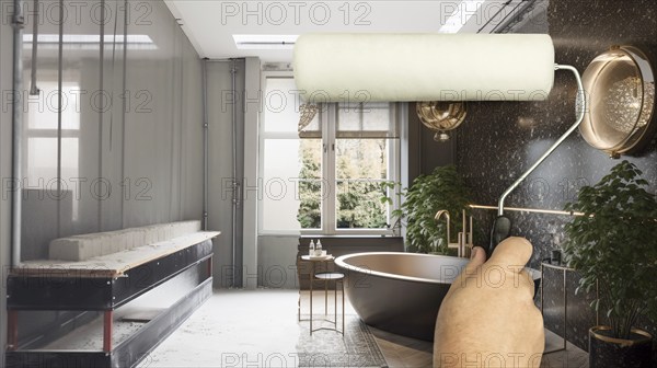 Before and after of man using painting roller to reveal newly remodeled master bathroom under unfinished construction zone, AI generated