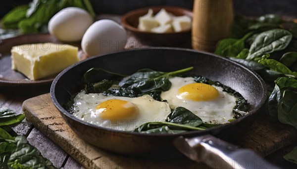 A pan of sunny side up eggs and spinach is on a wooden table with cheese, oil and eggs in the background, AI generated