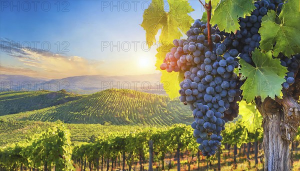 Winery fields and grapevines that produce wine, Shiraz, Merlot, Cabernet, etc, AI generated