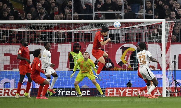 Penalty area scene, Goal area scene Matthijs de Ligt FC Bayern Muenchen FCB (04) clears, Action, Goalkeeper Daniel Peretz FC Bayern Muenchen FCB (18) DFB Cup round of 16, Allianz Arena, Munich, Bavaria, Germany, Europe