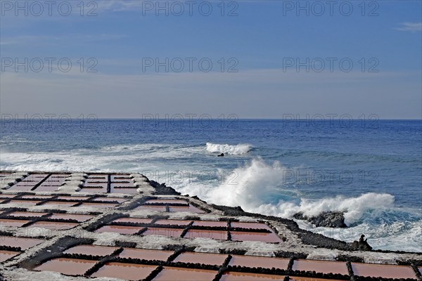 Coast with salt pans in the foreground, the sea with powerful waves in the background, salt pans, Fuencialente, La Palma, Canary Islands, Spain, Europe