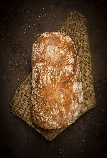 Fresh whole grain bread, rye, top view, without people