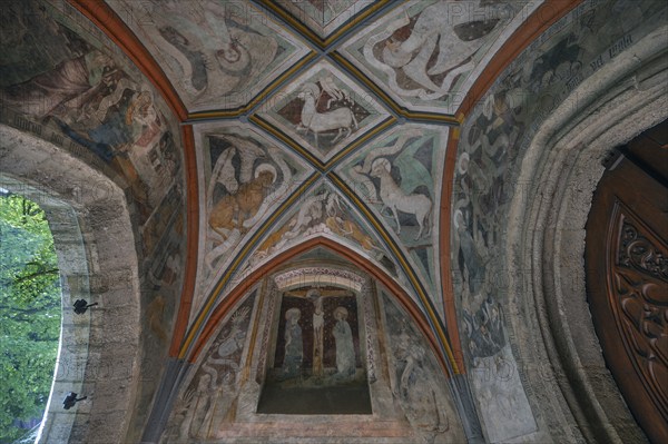 Ceiling fresco from around 1445 in the vestibule of St Martin's Church, Gothic basilica, completed around 1500, Memmingen, Swabia, Bavaria, Germany, Europe