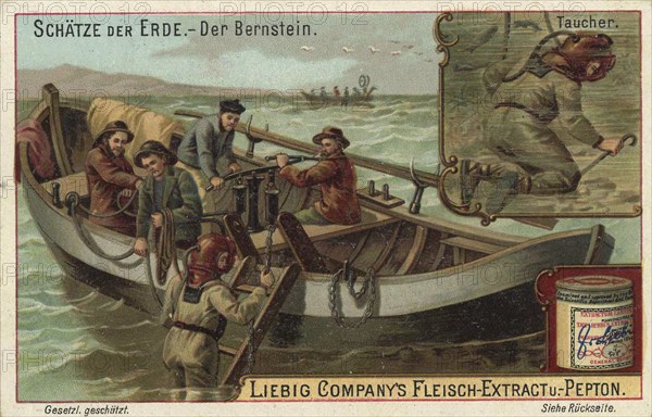 Picture series Treasures of the Earth, amber, divers collecting, Liebig picture, digitally restored reproduction of a collector's picture from around 1900, public domain, exact date unknown, men on a boat and a diver in the water searching for amber in the sea