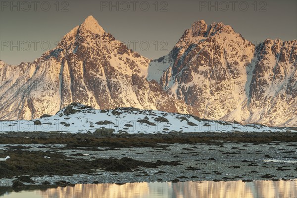 Rugged mountains, Lofoten island Vestvågøya at the fjord Gimsøystraumen, Lofoten, Northern Norway, Norway, Europe