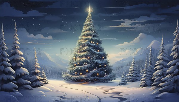 Illustration of a Christmas tree in a snowy winter landscape at night, AI-generated image, AI generated