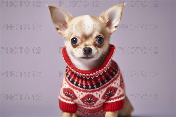 Small Chihuahua dog with knitted sweater on purple background. KI generiert, generiert AI generated