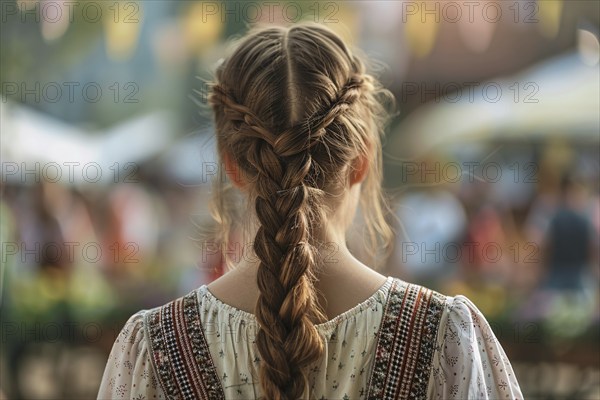 Back view of woman with plaited hair in street festival. Generative Ai, AI generated