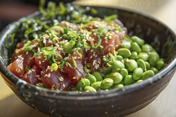 Poke bowl with marinated ahi tuna, edamame, seaweed salad, and a sprinkle of sesame seeds. Generative Ai, AI generated