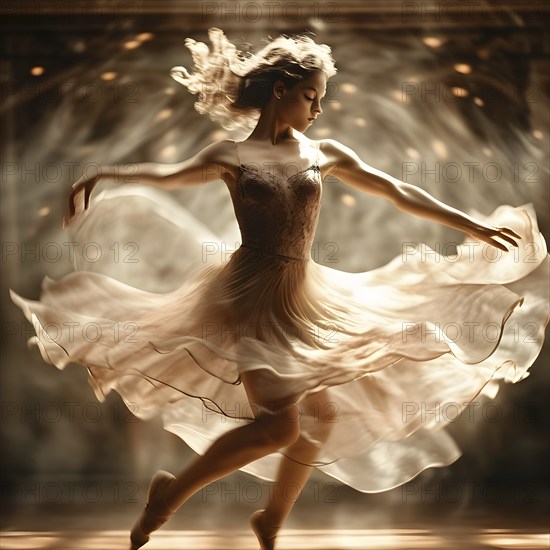 AI generated vintage photograph capturing a dancer in mid twirl movements traced with modern digital effects