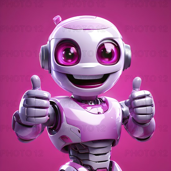 Friendly smiling pink robot with a thumb up symbolizing artificial intelligence, AI generated