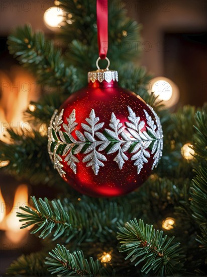 Christmas ornament hanging on a tree, with reflections of twinkling lights and fireplace flames flickering in the background, AI generated