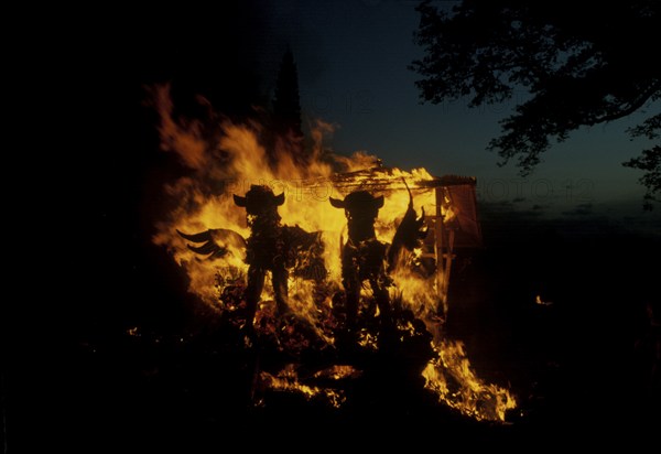 Burning animal sarcophagi at a hub (corpse burning), Bali, Indonesia, Asia