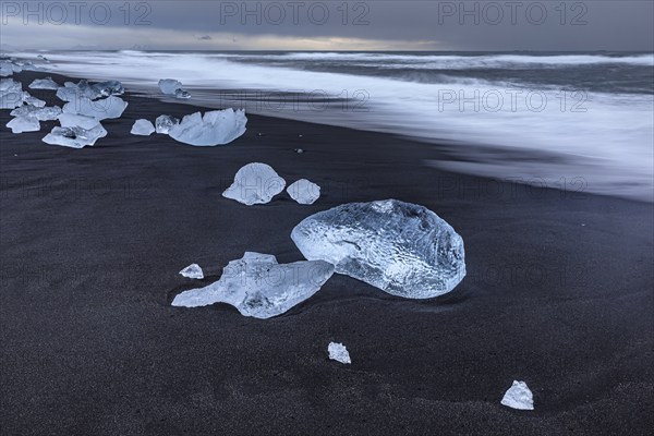 Ice floes, beach, sea, waves, cloudy, Diamond Beach, Breidamerkursandur, Jökulsarlon, Iceland, Europe