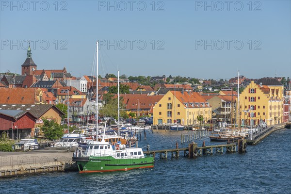 Maritime Svendborg, cityscape, museum harbour, historic sailing ships, wooden boats, old granary, Vor Freu Kirke, Church of Our Lady, Great Belt, Baltic Sea, Fyn, Fyn Island, Denmark, Europe