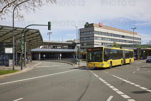 Bus of line 5815 in front of the bus station and the back of the main railway station in Essen, Ruhr area, independent city, North Rhine-Westphalia, Germany, Europe