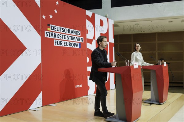 Kevin Kuehnert, SPD Secretary-General, and Katarina Barley, SPD lead candidate for the 2024 European elections, at a press conference following the SPD Presidium meeting after the European elections at the Willy Brandt House in Berlin, 10 June 2024