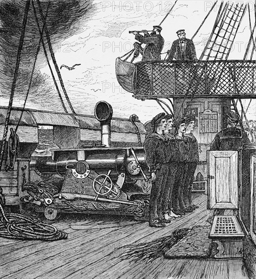 Drill on board the Aviso Habicht, at sea, Imperial Navy, exercise, sailors, officers, warship, state yacht, cannon, telescope, Germany, historical illustration 1880, Europe