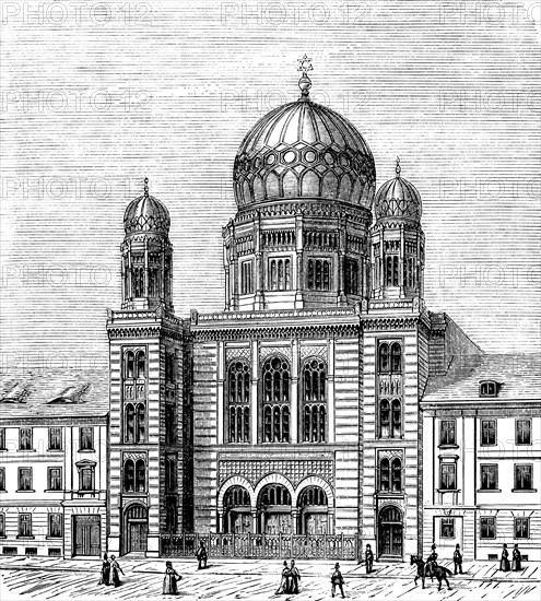 New Synagogue in Berlin, built in the mid-19th century, domed building, side towers, oriental elements, people, Germany, historical illustration 1880, Europe