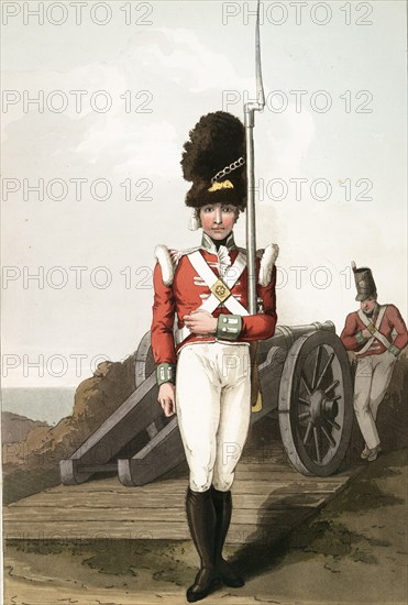 Scene from everyday life in England around 1810, Grenadier, or the first West York militia, with bayonet and cannon, Historical, digitally restored reproduction from a 19th century original, date unknown