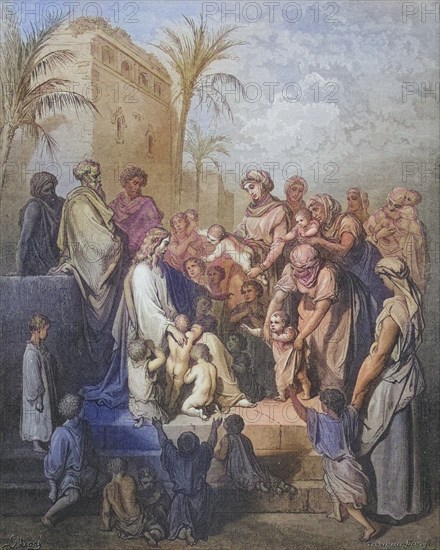 Engraving from the Dore Bible on Mark 13 to 16: Jesus blesses the children by Gustave Dore, 1832-1883, French artist and illustrator, Historic, digitally restored reproduction from a 19th century original, Record date not stated