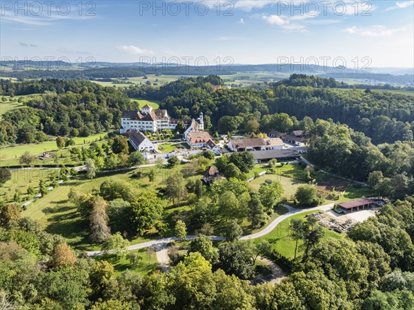 Aerial view of Langenstein Castle near Eigeltingen with surrounding golf course, Hegau, district of Constance, Baden-Württemberg, Germany, Europe