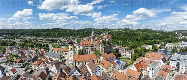 Aerial view, panorama of the town of Sigmaringen with the Hohenzollern castle above the old town, district of Sigmaringen, Swabian Alb, Baden-Württemberg, Germany, Europe